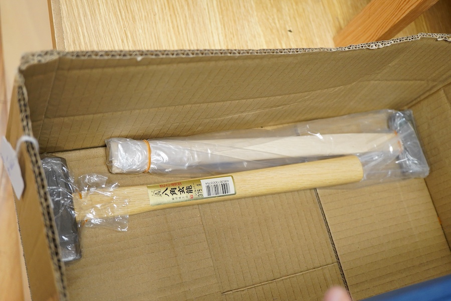 Four sets of Japanese chisels, including a set of six Kote Nomi cranked neck trowel chisels, a set of seven mortise chisels, and two other cabinetmakers sets (22 in total), plus two Japanese hammers/mallets